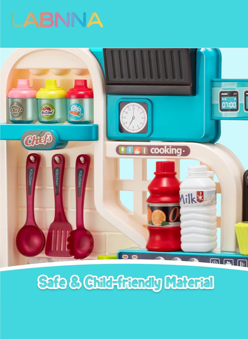 LABNNA مجموعة ألعاب مطبخ للأطفال مكونة من 53 قطعة، موقد طبخ، حوض غسيل، فرن، ألعاب مطبخ مع أضواء وأصوات واقعية، ألعاب تمثيلية، ألعاب مطبخ للأطفال الصغار من عمر 1 إلى 3 سنوات (أزرق) - Image 2